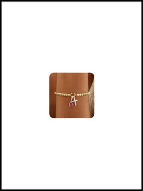 14K Gold Plated Beaded Cross Bracelet with Cubic Zirconia Birthstone Charm